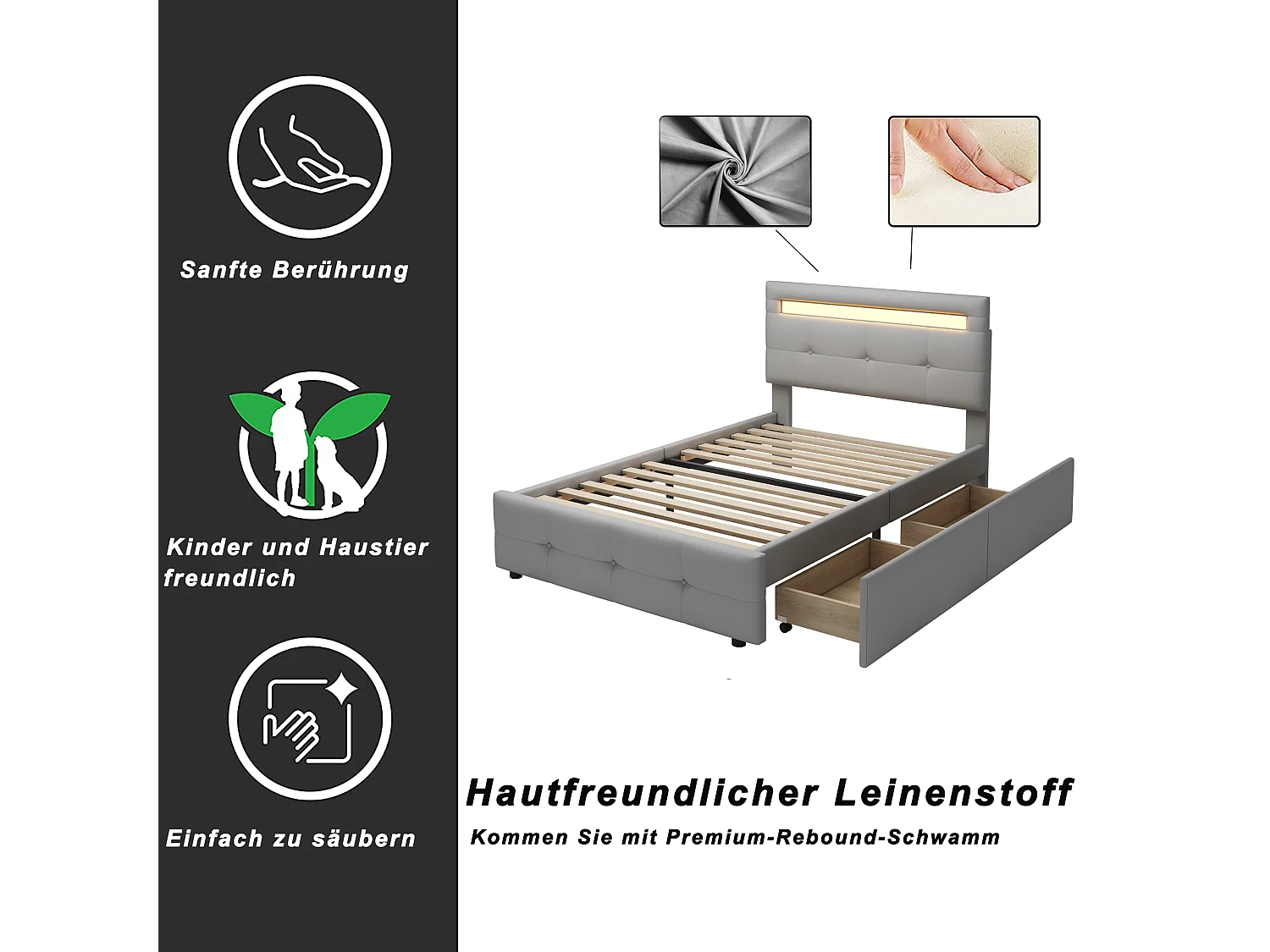 Einzelbett 90x200cm - Gepolstertes Kinderbett mit 2 Schubladen, Lattenrost und LED-Kopfteil - Graues Leinen