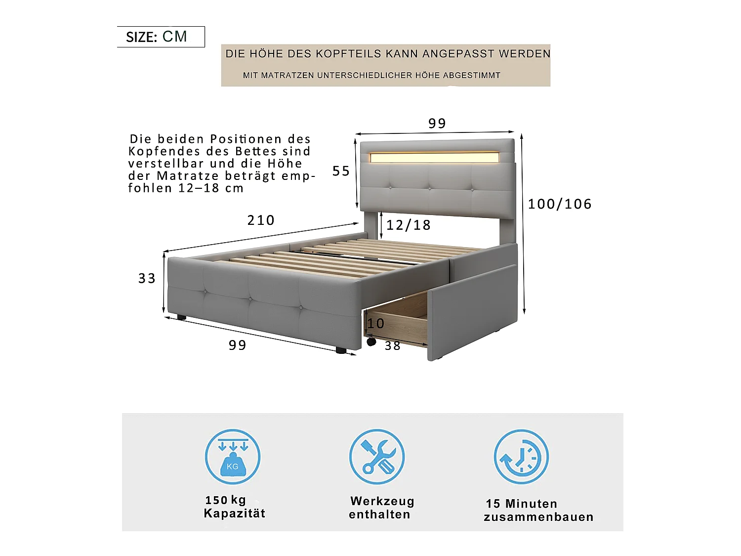 Lit simple 90x200cm - Lit enfant capitonné avec 2 tiroirs, sommier à lattes et tête de lit LED - Lin Gris