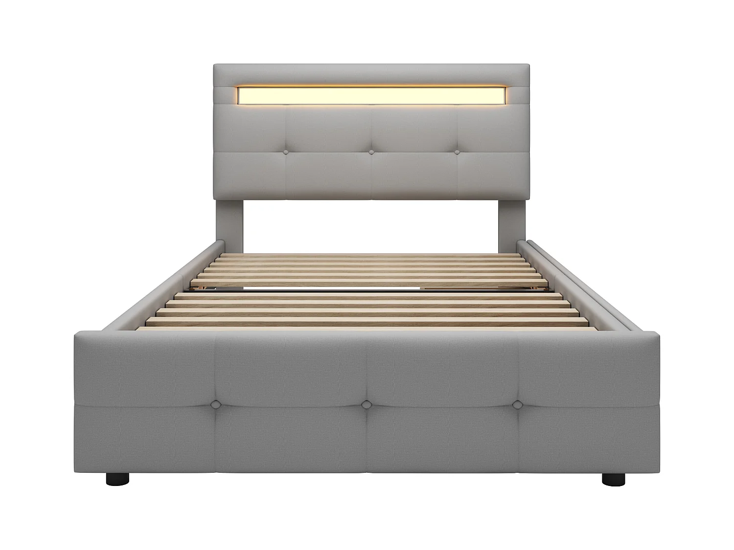 Lit simple 90x200cm - Lit enfant capitonné avec 2 tiroirs, sommier à lattes et tête de lit LED - Lin Gris