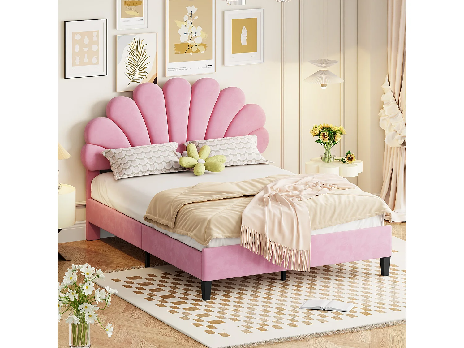 Lit double capitonné 140x200cm - Tête de lit en forme de fleur, Sommier à lattes en MDF, Tissu en velours Style scandinave - Rose