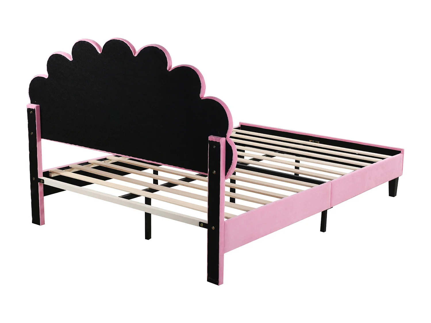 Lit double capitonné 140x200cm - Tête de lit en forme de fleur, Sommier à lattes en MDF, Tissu en velours Style scandinave - Rose