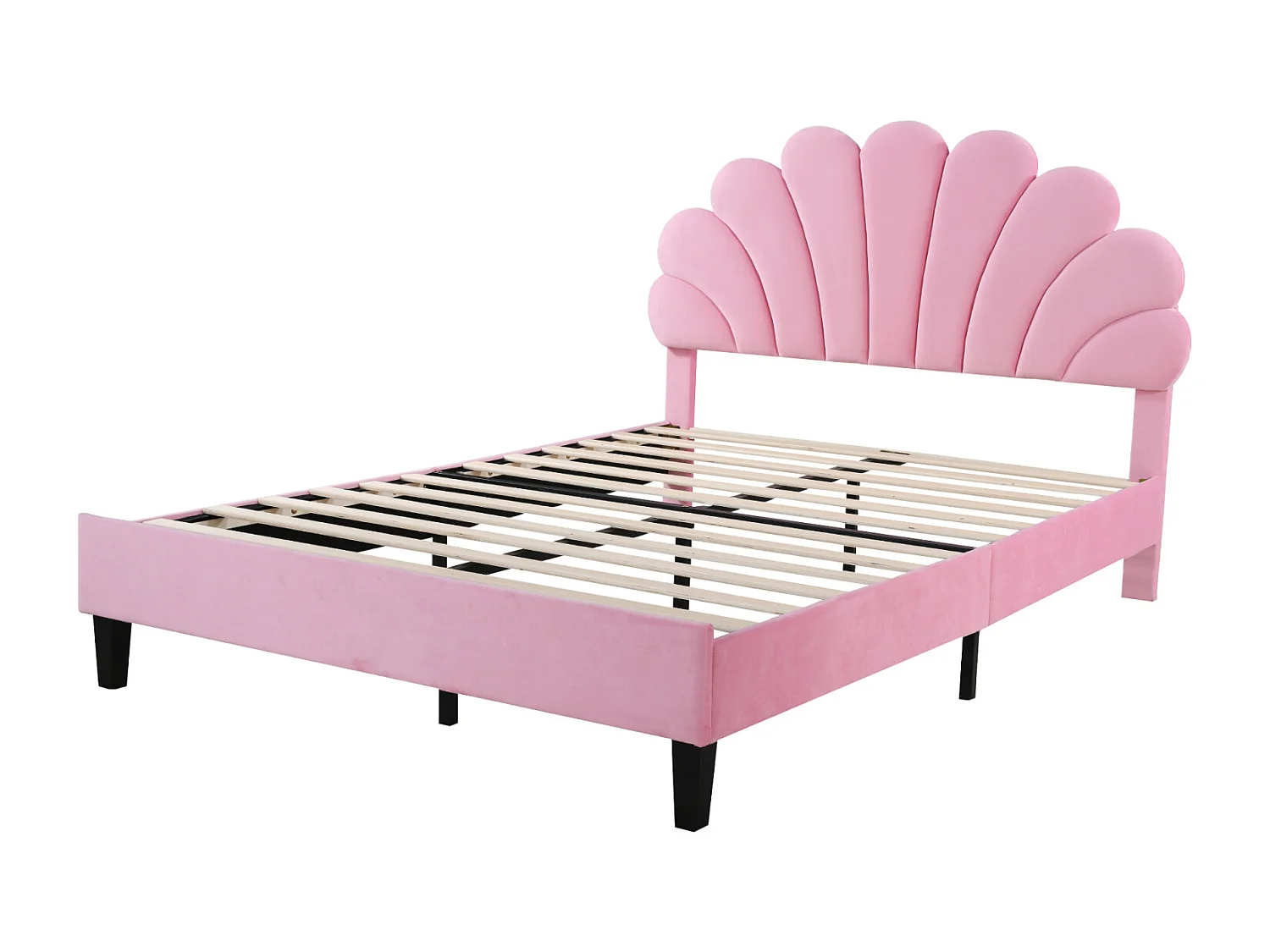 Letto matrimoniale imbottito 140x200cm - Testiera a fiori, Rete a doghe in MDF, Tessuto Velvet Stile scandinavo - Rosa