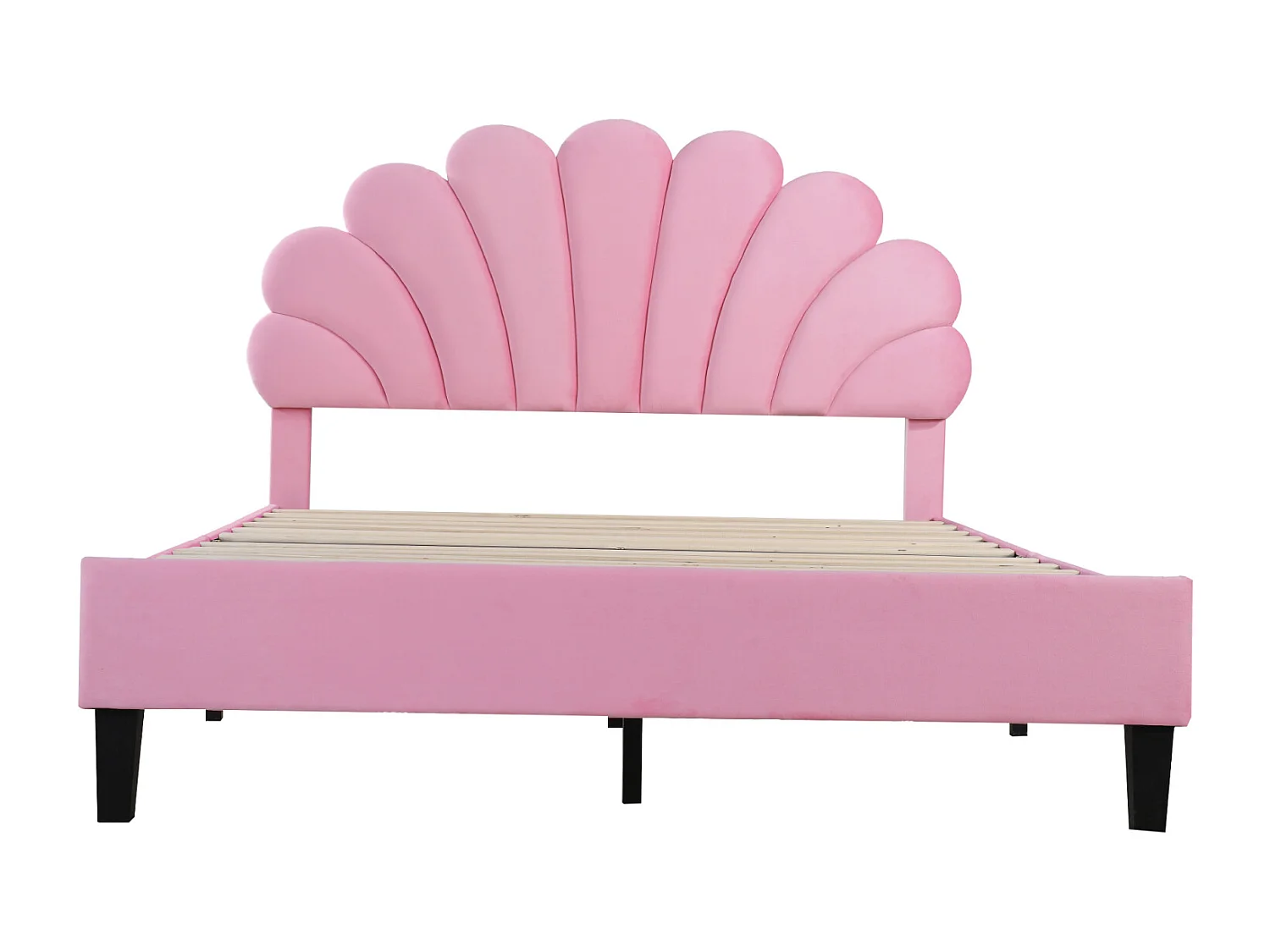 Letto matrimoniale imbottito 140x200cm - Testiera a fiori, Rete a doghe in MDF, Tessuto Velvet Stile scandinavo - Rosa