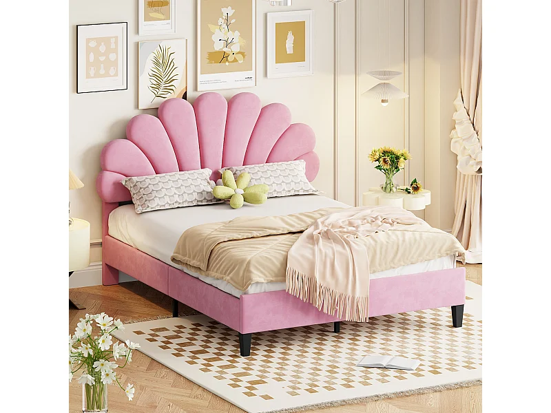 Letto matrimoniale imbottito 140x200cm - Testiera a fiori, Rete a doghe in MDF, Tessuto Velvet Stile scandinavo - Rosa