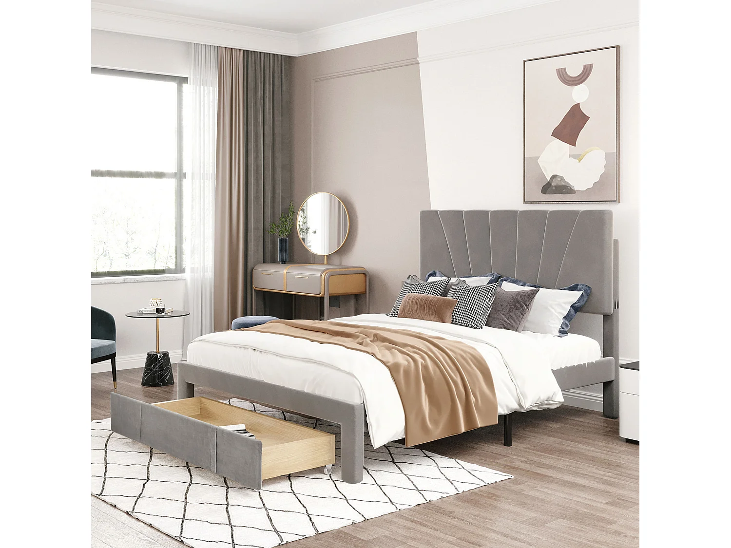 Lit double 140 x 200 cm avec sommier à lattes, dossier et grands tiroirs, lit tapissé en velours, adapté aux adultes et adolescents - Gris