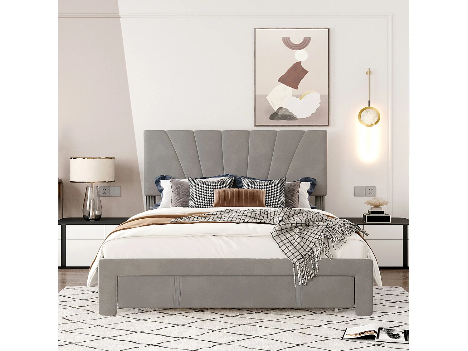 Lit double 140 x 200 cm avec sommier à lattes, dossier et grands tiroirs, lit tapissé en velours, adapté aux adultes et adolescents - Gris