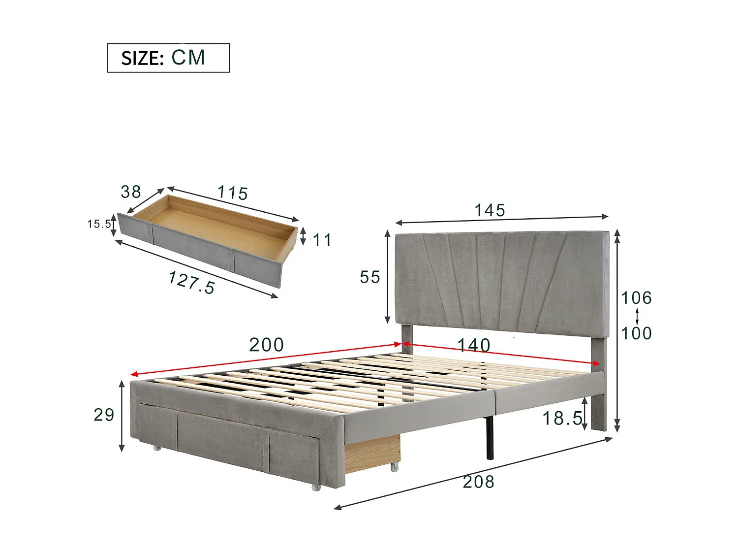 Lit double 140 x 200 cm avec sommier à lattes, dossier et grands tiroirs, lit tapissé en velours, adapté aux adultes et adolescents - Gris
