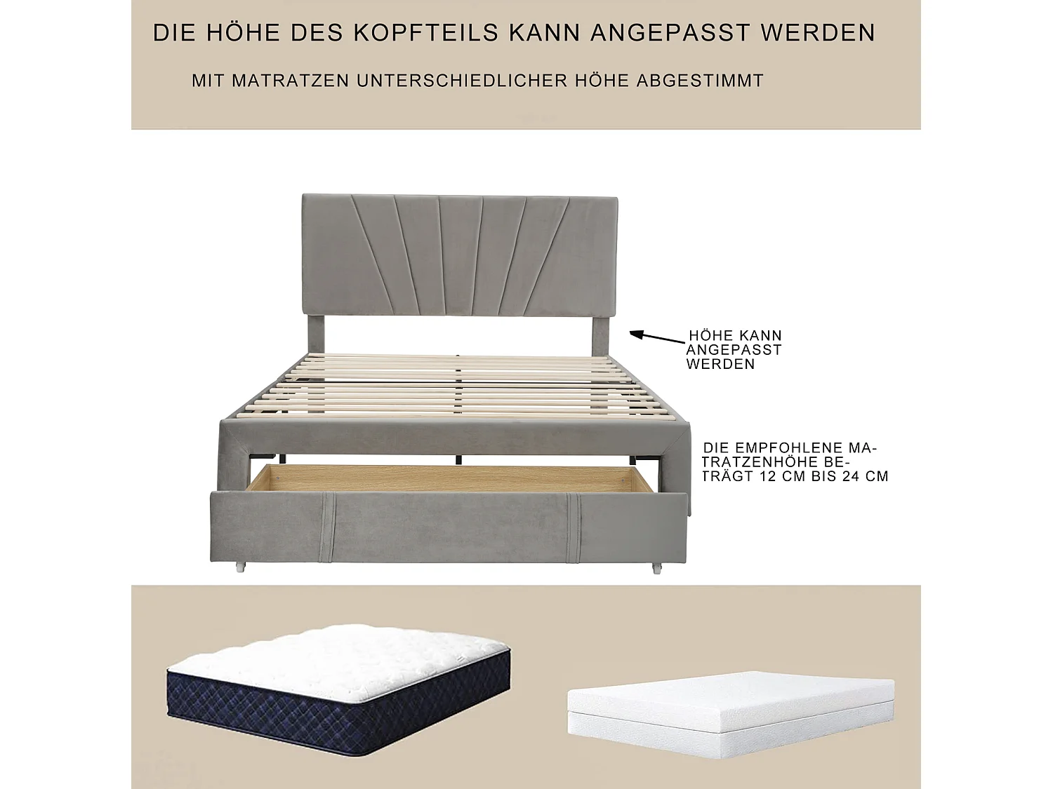 Lit double 140 x 200 cm avec sommier à lattes, dossier et grands tiroirs, lit tapissé en velours, adapté aux adultes et adolescents - Gris