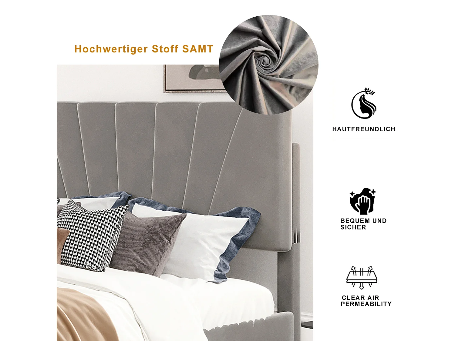 Lit double 140 x 200 cm avec sommier à lattes, dossier et grands tiroirs, lit tapissé en velours, adapté aux adultes et adolescents - Gris