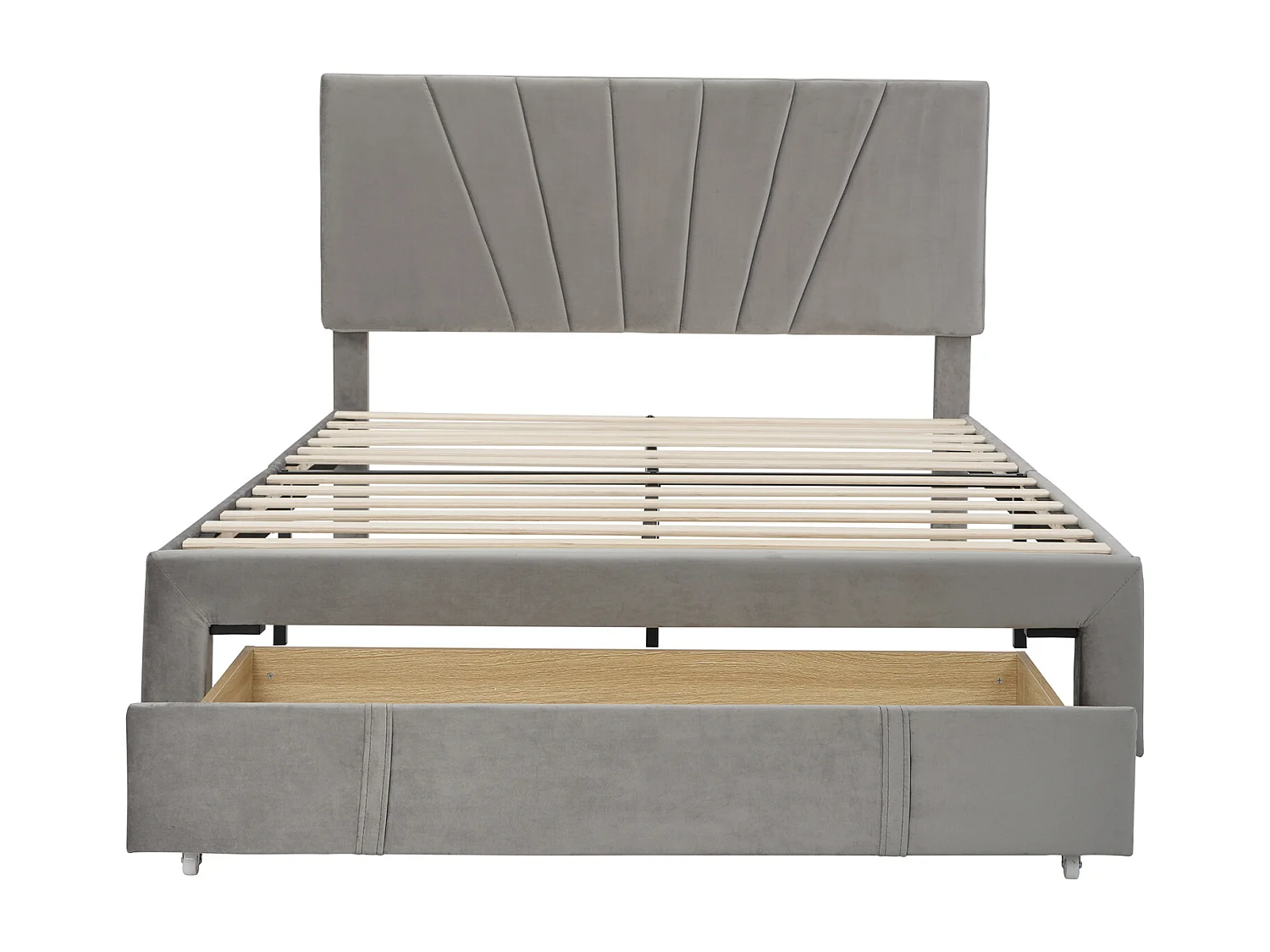 Lit double 140 x 200 cm avec sommier à lattes, dossier et grands tiroirs, lit tapissé en velours, adapté aux adultes et adolescents - Gris