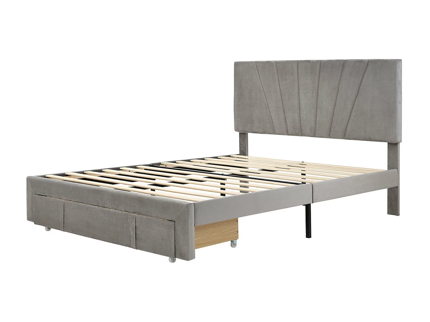 Lit double 140 x 200 cm avec sommier à lattes, dossier et grands tiroirs, lit tapissé en velours, adapté aux adultes et adolescents - Gris