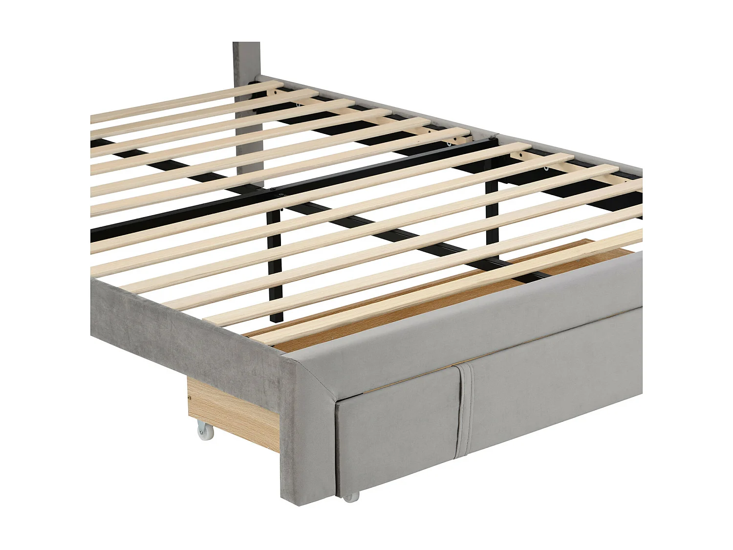 Lit double 140 x 200 cm avec sommier à lattes, dossier et grands tiroirs, lit tapissé en velours, adapté aux adultes et adolescents - Gris