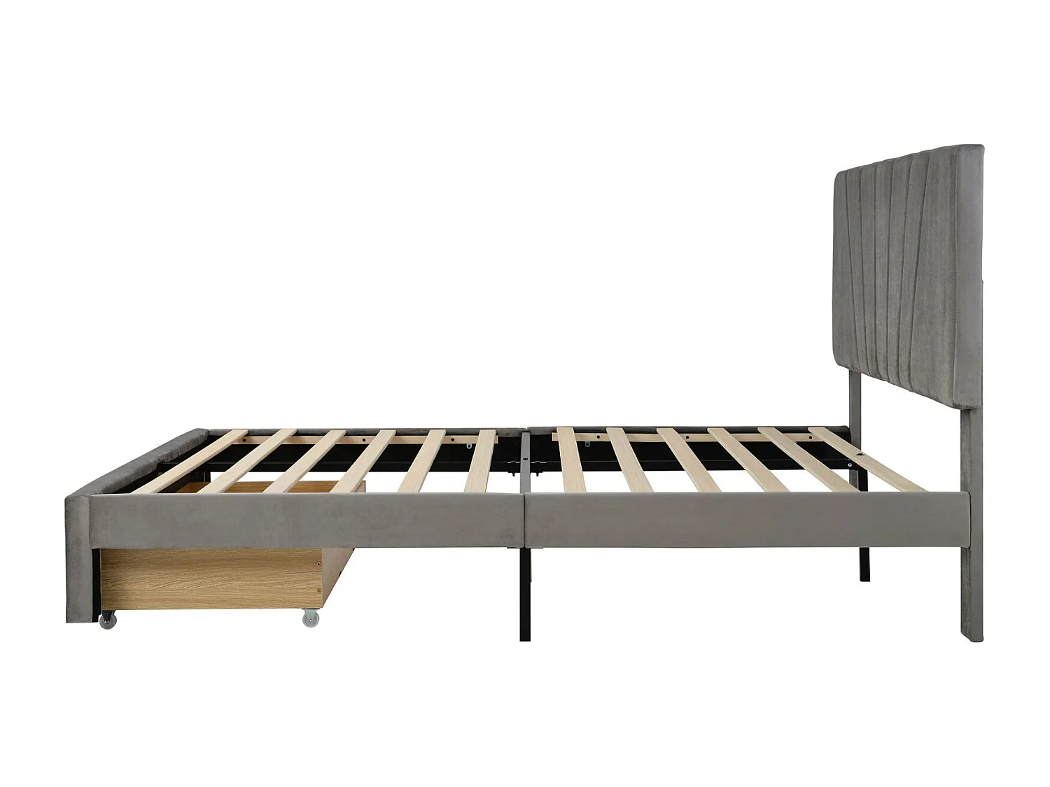 Lit double 140 x 200 cm avec sommier à lattes, dossier et grands tiroirs, lit tapissé en velours, adapté aux adultes et adolescents - Gris