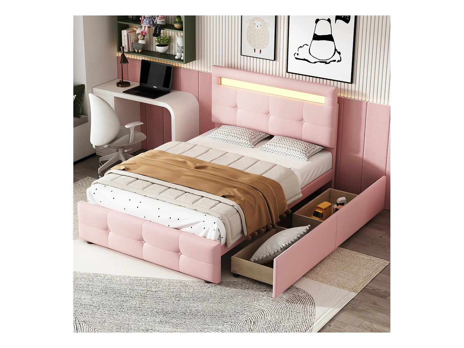 Eenpersoonsbed 90x200cm - Gestoffeerd kinderbed met 2 lades, lattenbodem en LED-hoofdbord - Roze linnen