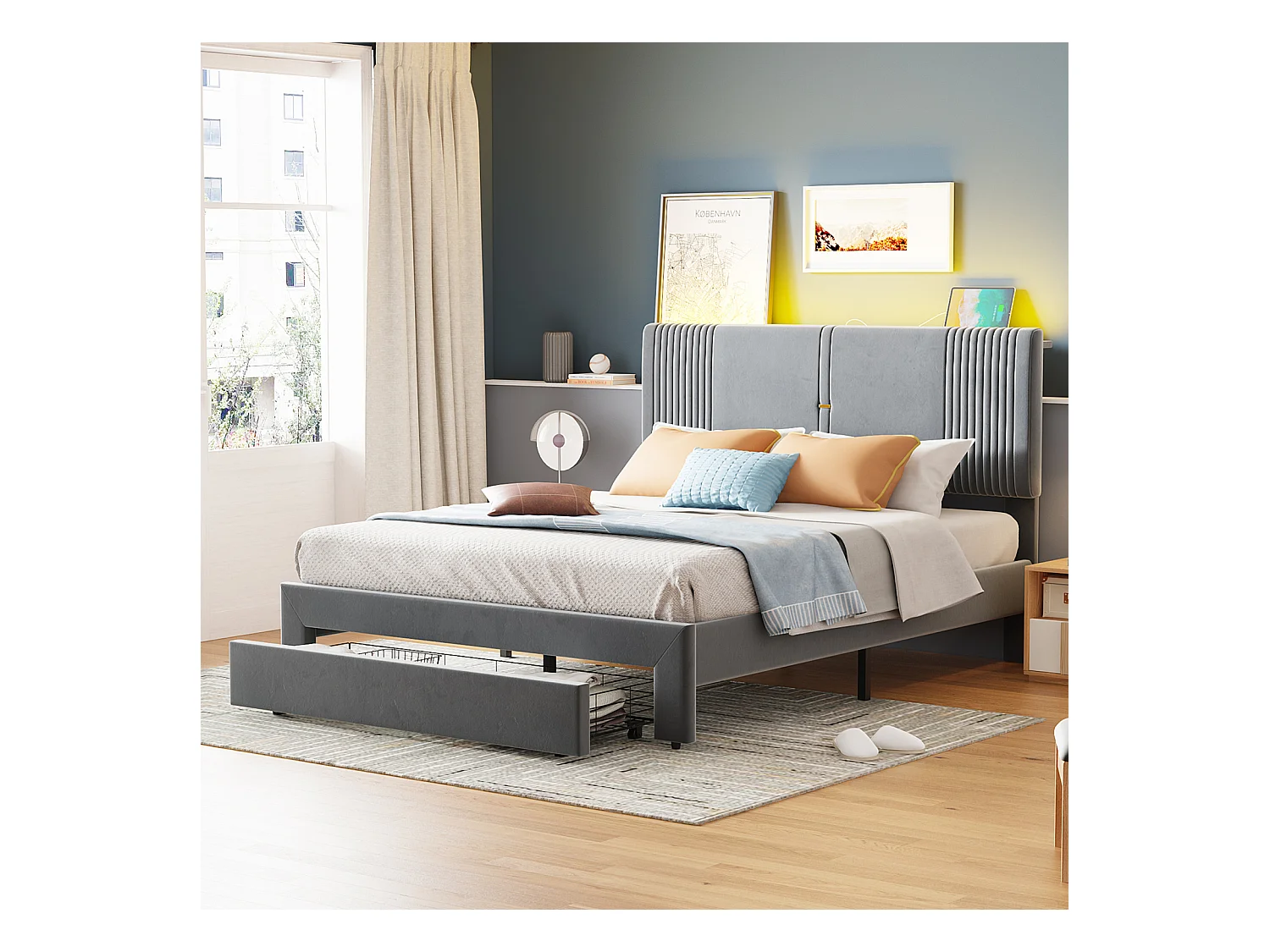 Lit adulte double capitonné, en tissu velours, avec 1 grand tiroir, sommier à lattes, tête de lit avec barre lumineuse et prise USB, gris 140x200cm