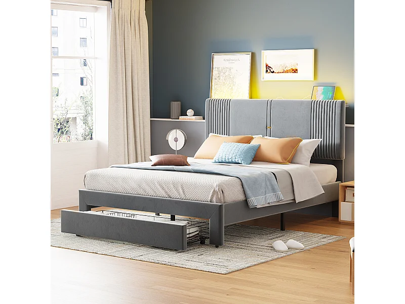 Tweepersoonsbed voor volwassenen, gestoffeerd, in fluwelen stof, met 1 grote lade, lattenbodem, hoofdbord met lichtbalk en USB-aansluiting, grijs 140x200cm