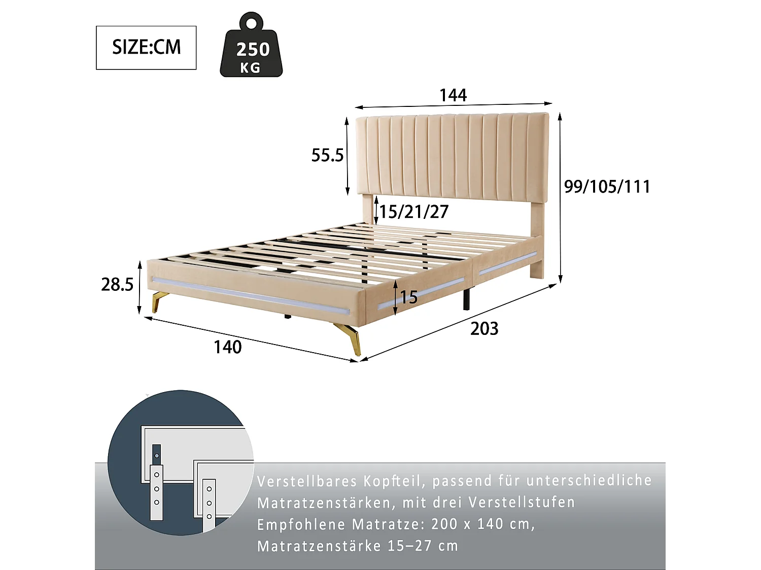 Gestoffeerd volwassen bed 140x200cm, bedframe met LED-lampen, lattenbodem, verstelbaar hoofdeinde, fluwelen stof, voor volwassenen en tieners, beige