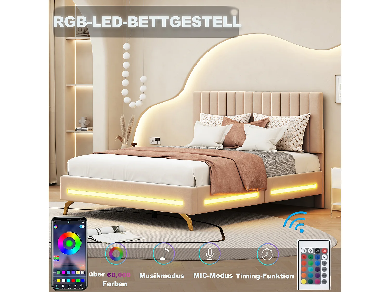Gestoffeerd volwassen bed 140x200cm, bedframe met LED-lampen, lattenbodem, verstelbaar hoofdeinde, fluwelen stof, voor volwassenen en tieners, beige