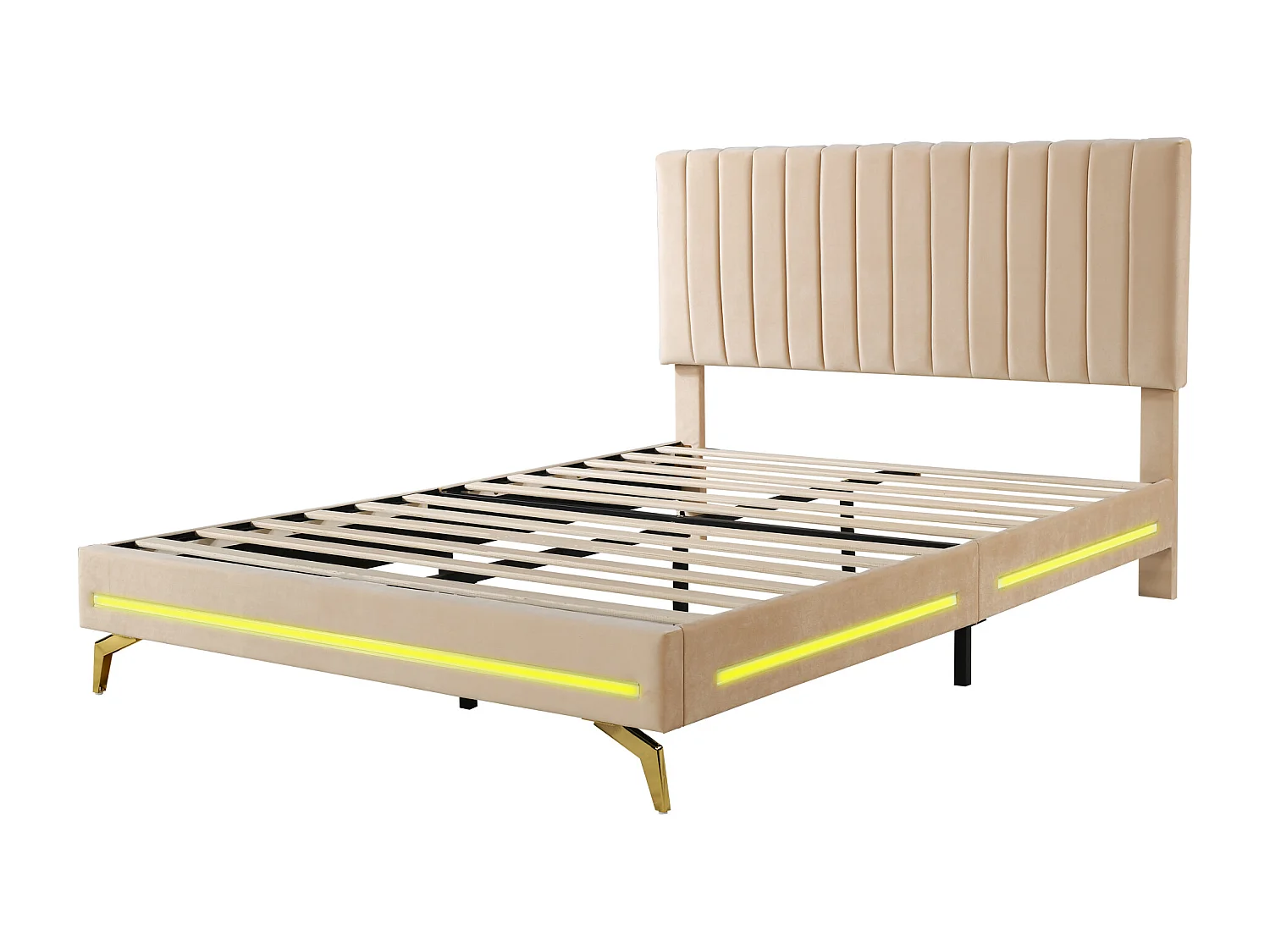 Gestoffeerd volwassen bed 140x200cm, bedframe met LED-lampen, lattenbodem, verstelbaar hoofdeinde, fluwelen stof, voor volwassenen en tieners, beige