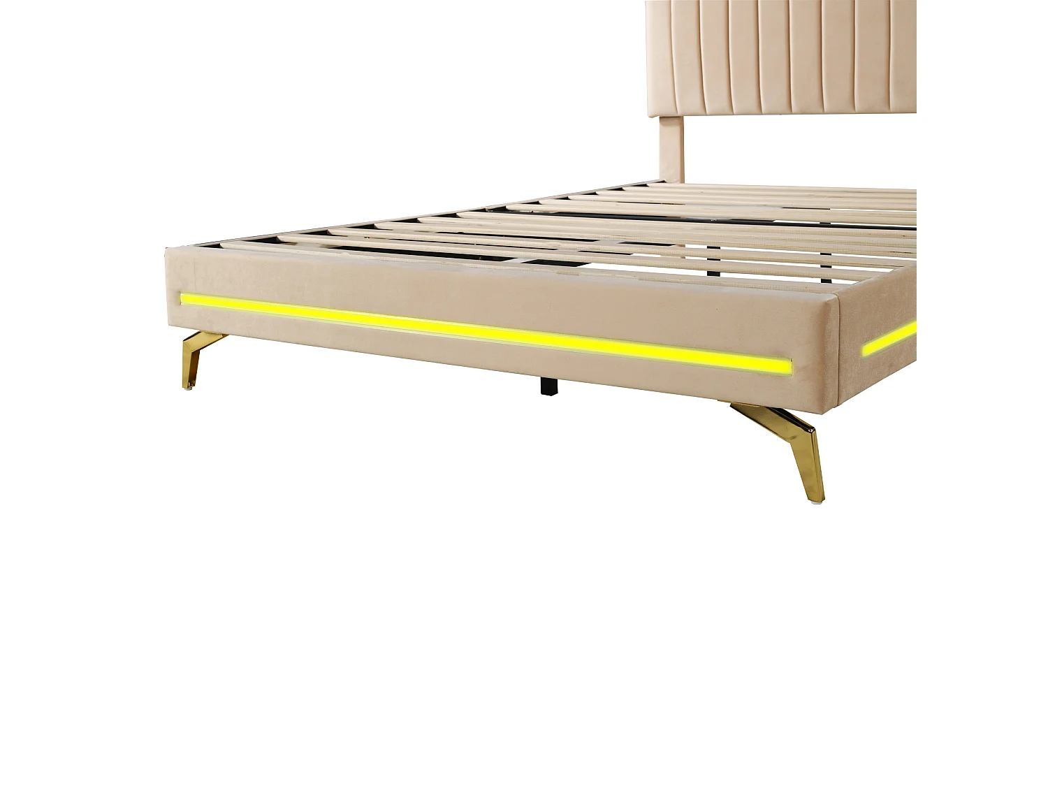 Gestoffeerd volwassen bed 140x200cm, bedframe met LED-lampen, lattenbodem, verstelbaar hoofdeinde, fluwelen stof, voor volwassenen en tieners, beige