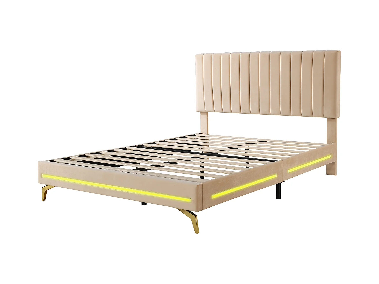 Lit adulte capitonné 140x200cm, cadre de lit avec lampes LED, sommier à lattes, tête de lit réglable, tissu velours, pour adultes et adolescents, beige