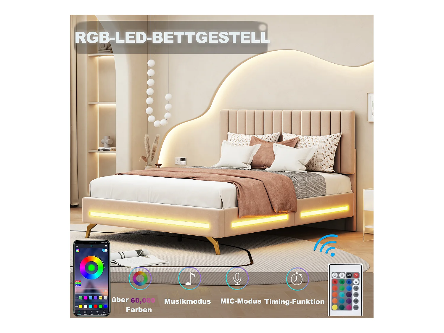 Lit adulte capitonné 140x200cm, cadre de lit avec lampes LED, sommier à lattes, tête de lit réglable, tissu velours, pour adultes et adolescents, beige