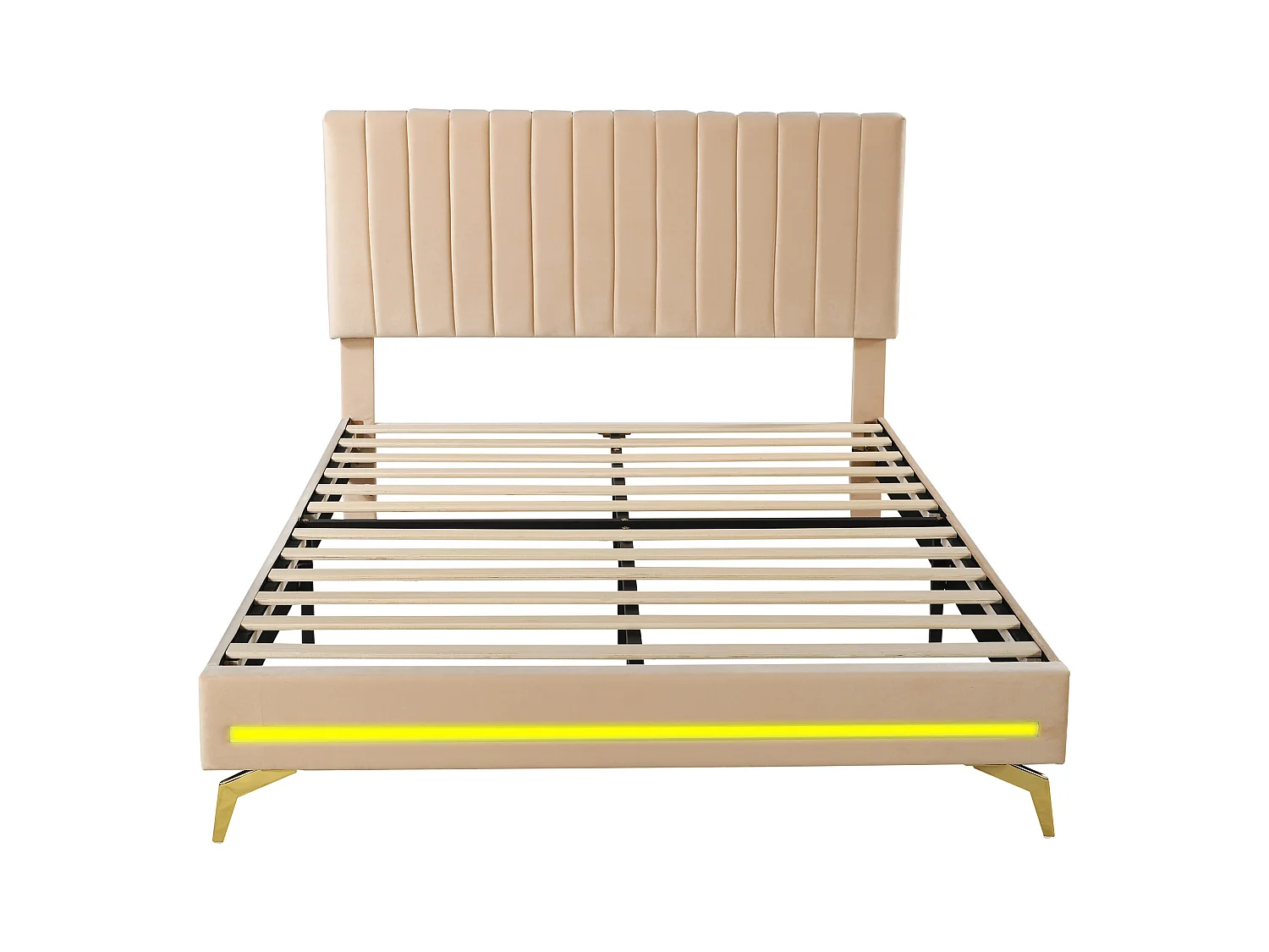 Lit adulte capitonné 140x200cm, cadre de lit avec lampes LED, sommier à lattes, tête de lit réglable, tissu velours, pour adultes et adolescents, beige