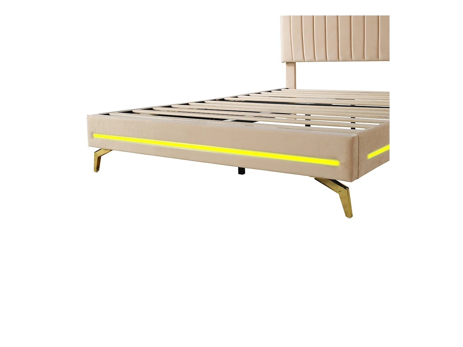 Lit adulte capitonné 140x200cm, cadre de lit avec lampes LED, sommier à lattes, tête de lit réglable, tissu velours, pour adultes et adolescents, beige