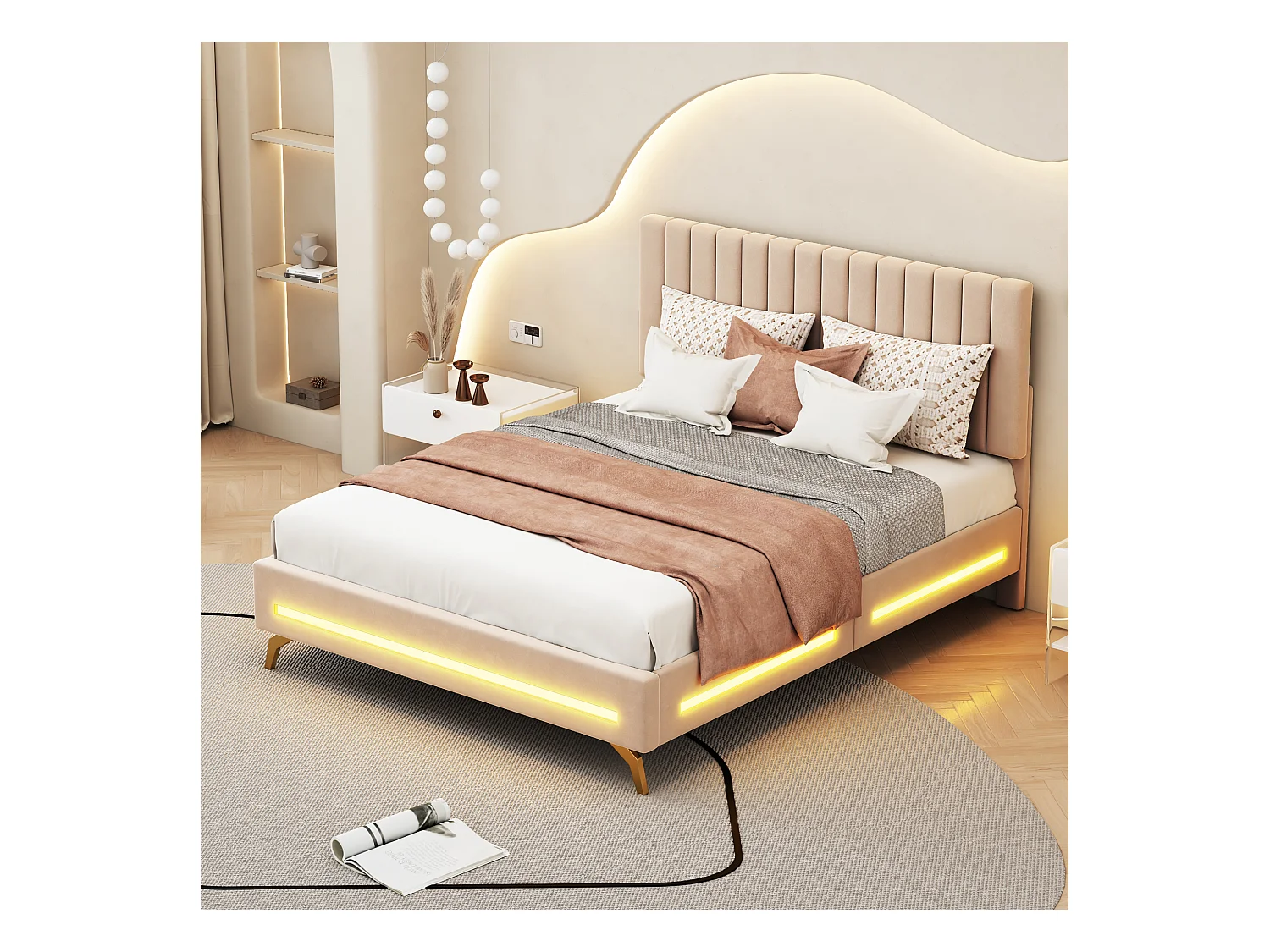 Lit adulte capitonné 140x200cm, cadre de lit avec lampes LED, sommier à lattes, tête de lit réglable, tissu velours, pour adultes et adolescents, beige