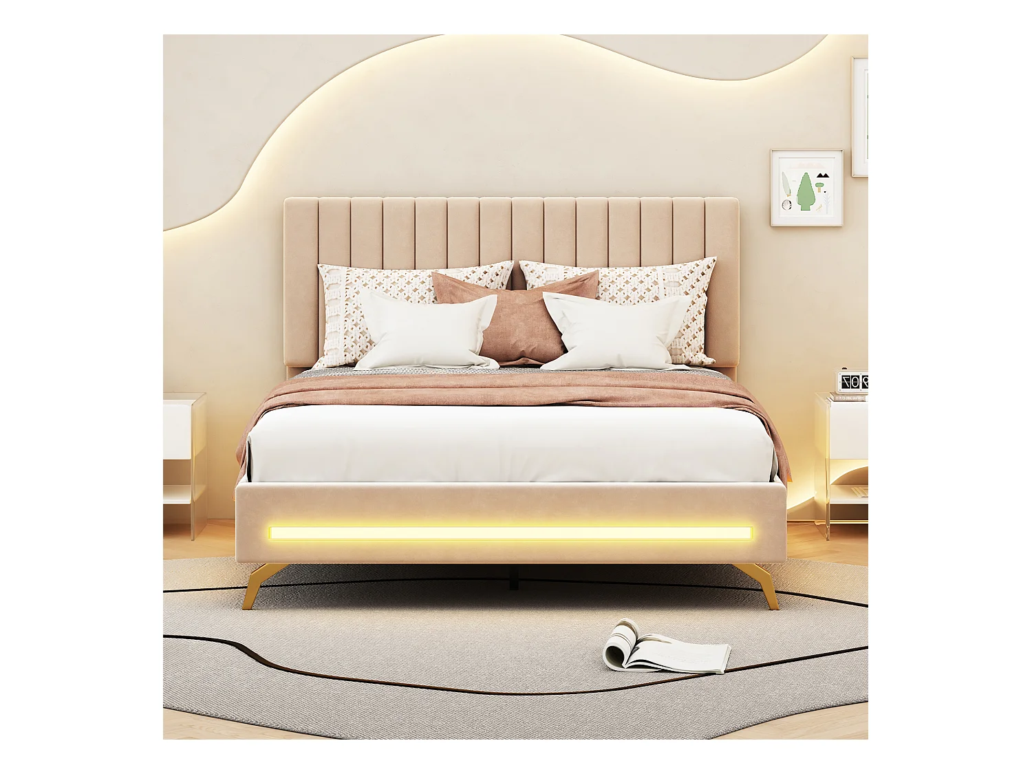Lit adulte capitonné 140x200cm, cadre de lit avec lampes LED, sommier à lattes, tête de lit réglable, tissu velours, pour adultes et adolescents, beige