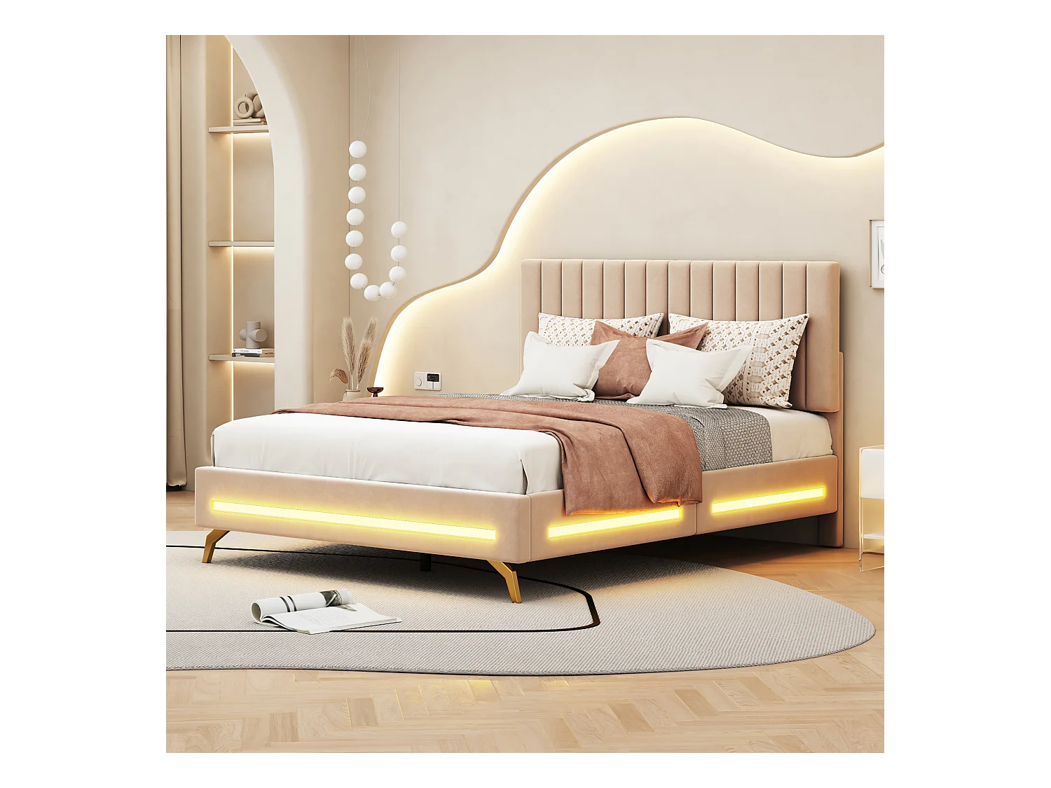 Lit adulte capitonné 140x200cm, cadre de lit avec lampes LED, sommier à lattes, tête de lit réglable, tissu velours, pour adultes et adolescents, beige