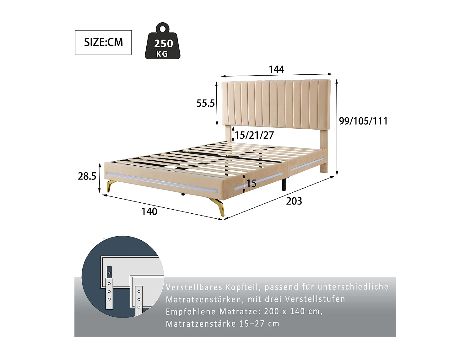 Lit adulte capitonné 140x200cm, cadre de lit avec lampes LED, sommier à lattes, tête de lit réglable, tissu velours, pour adultes et adolescents, beige