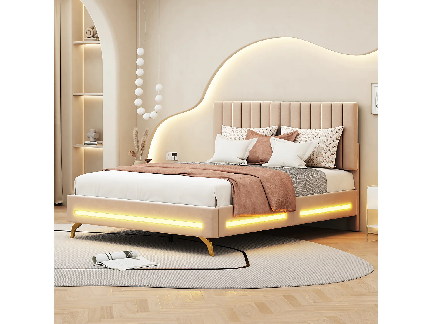 Lit adulte capitonné 140x200cm, cadre de lit avec lampes LED, sommier à lattes, tête de lit réglable, tissu velours, pour adultes et adolescents, beige