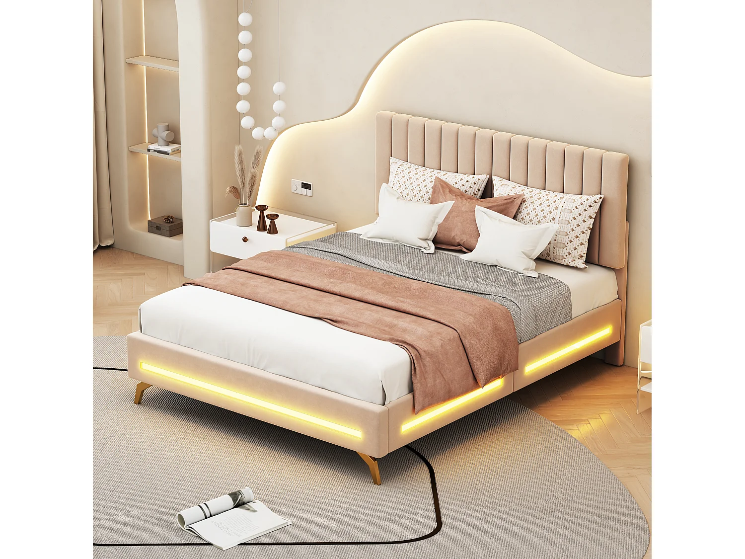 Lit adulte capitonné 140x200cm, cadre de lit avec lampes LED, sommier à lattes, tête de lit réglable, tissu velours, pour adultes et adolescents, beige