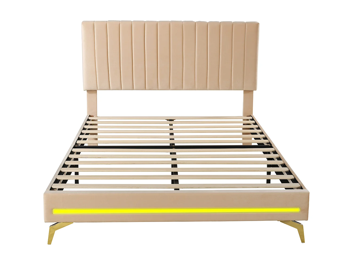 Lit adulte capitonné 140x200cm, cadre de lit avec lampes LED, sommier à lattes, tête de lit réglable, tissu velours, pour adultes et adolescents, beige
