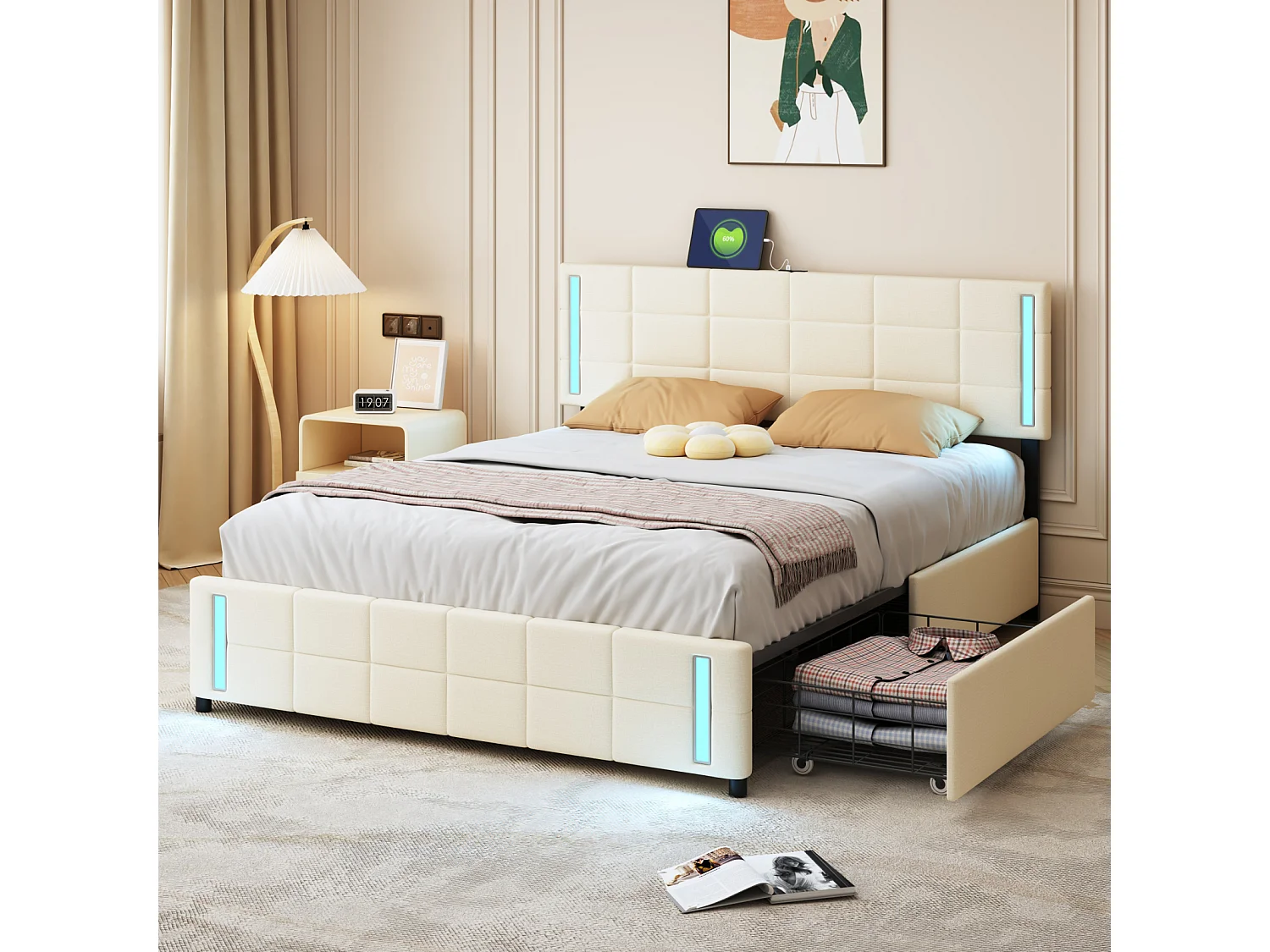 Volwassen bed 140x200cm, tweepersoonsbed met 4 lades, lattenbodem, hoofdbord met LED en 2 USB-oplaadstations, linnen, beige