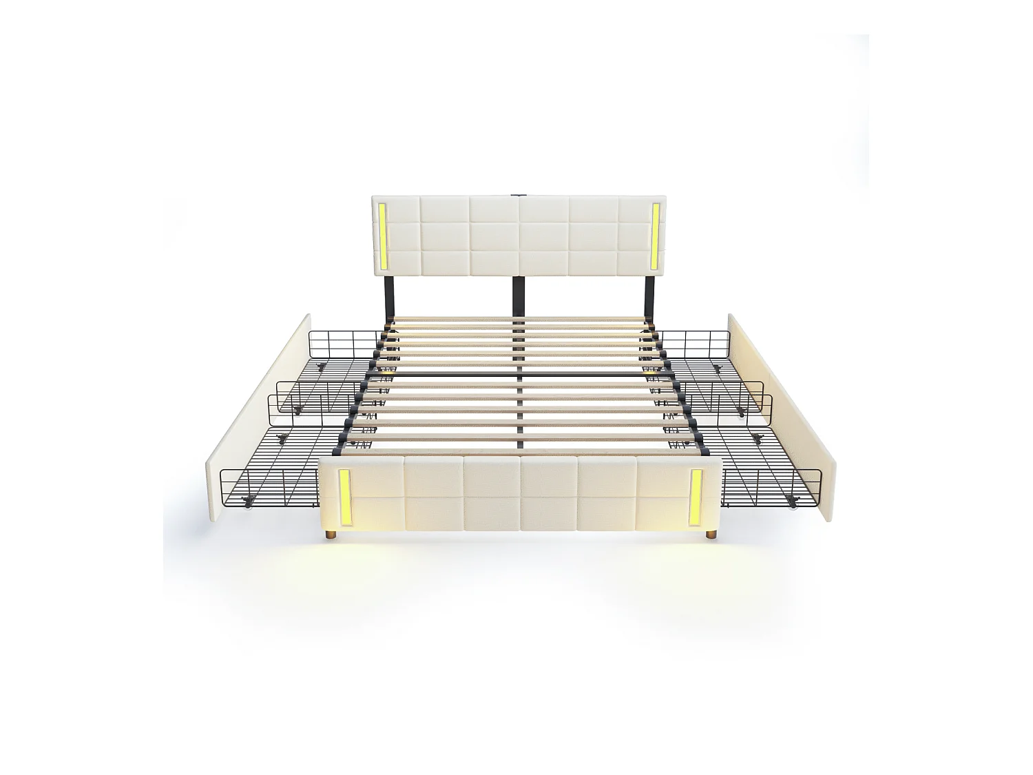 Lit adulte 140x200cm, lit double avec 4 tiroirs, sommier à lattes, tête de litavec LED et 2 stations de recharge USB, lin, beige