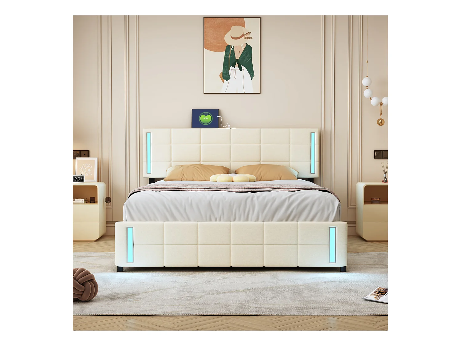 Lit adulte 140x200cm, lit double avec 4 tiroirs, sommier à lattes, tête de litavec LED et 2 stations de recharge USB, lin, beige