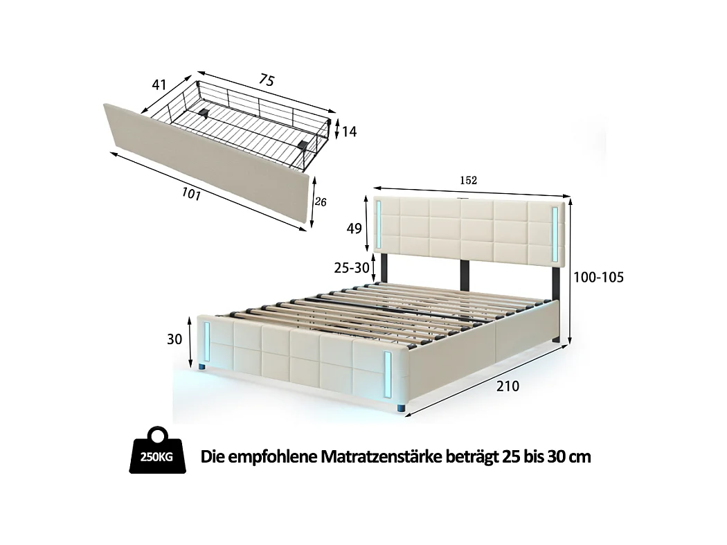 Lit adulte 140x200cm, lit double avec 4 tiroirs, sommier à lattes, tête de litavec LED et 2 stations de recharge USB, lin, beige
