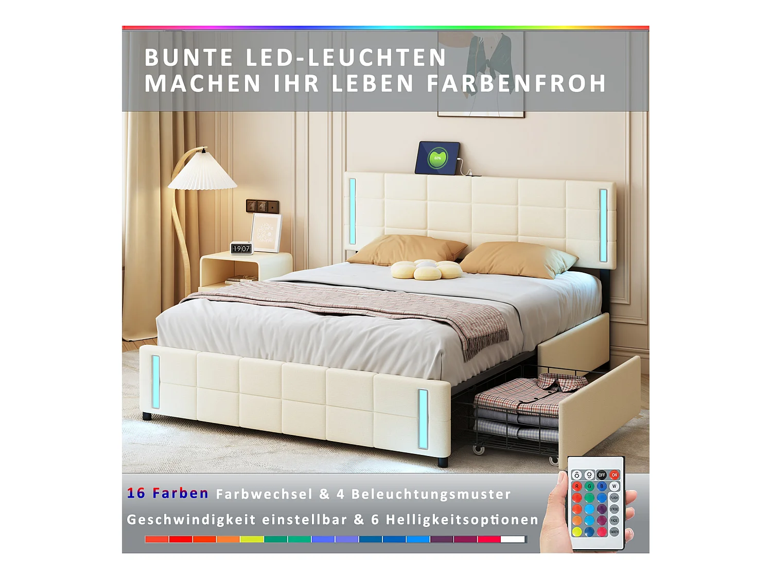 Lit adulte 140x200cm, lit double avec 4 tiroirs, sommier à lattes, tête de litavec LED et 2 stations de recharge USB, lin, beige