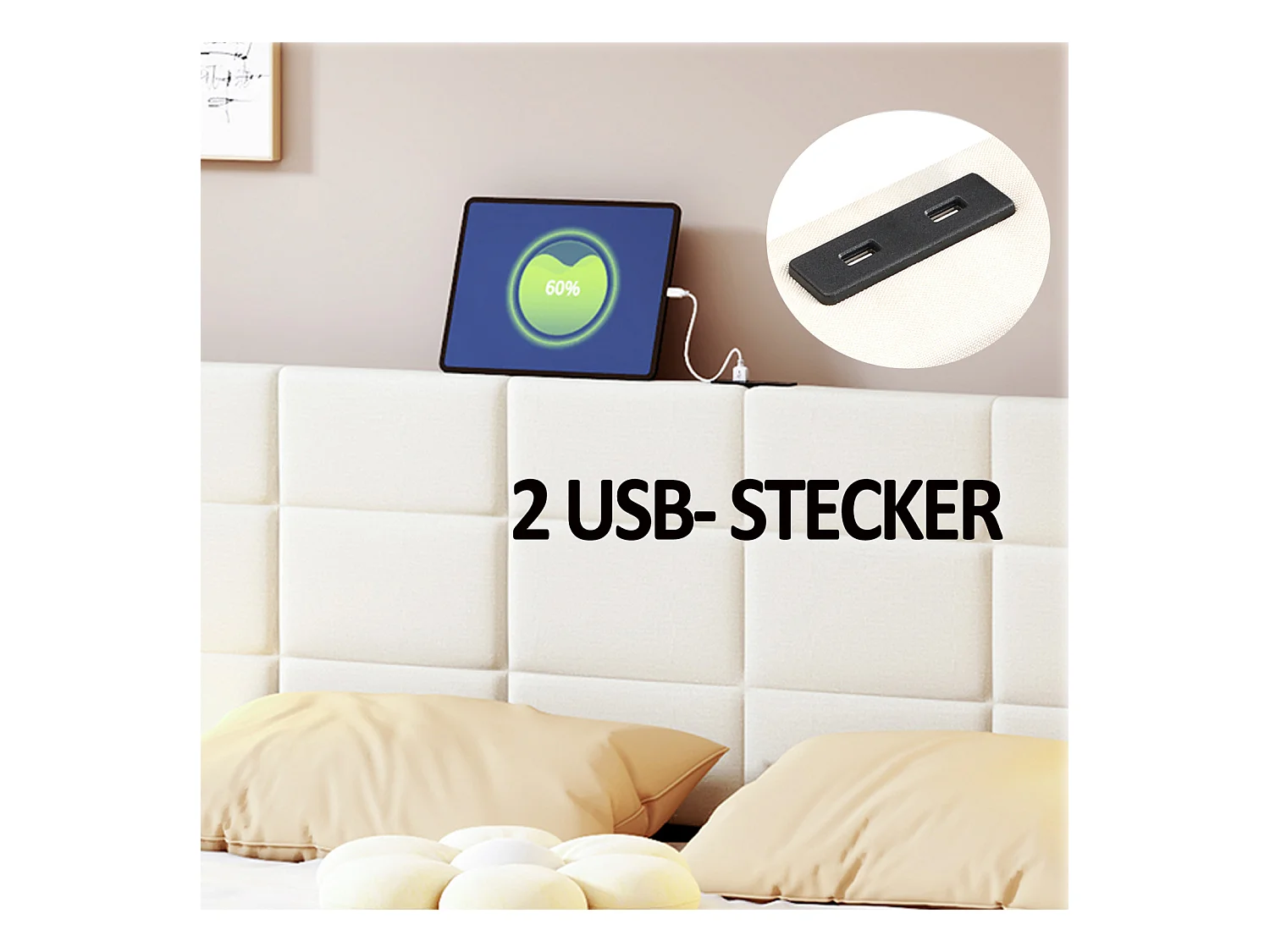 Lit adulte 140x200cm, lit double avec 4 tiroirs, sommier à lattes, tête de litavec LED et 2 stations de recharge USB, lin, beige