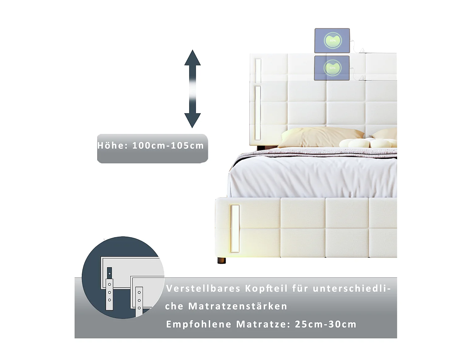 Lit adulte 140x200cm, lit double avec 4 tiroirs, sommier à lattes, tête de litavec LED et 2 stations de recharge USB, lin, beige