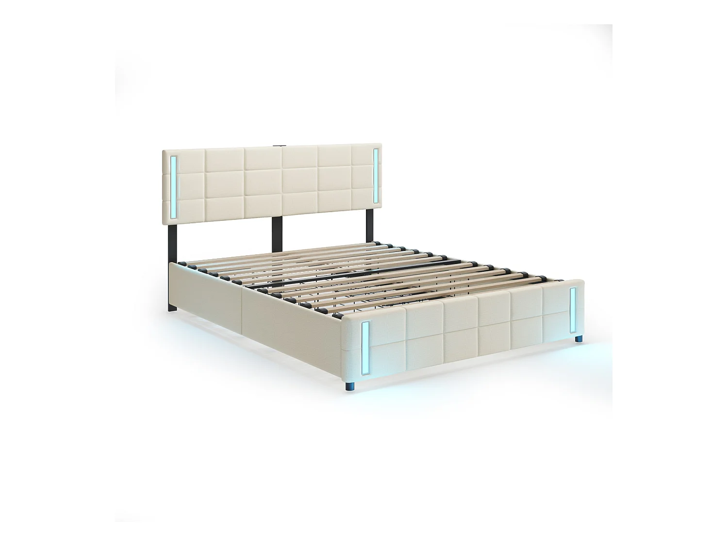 Lit adulte 140x200cm, lit double avec 4 tiroirs, sommier à lattes, tête de litavec LED et 2 stations de recharge USB, lin, beige