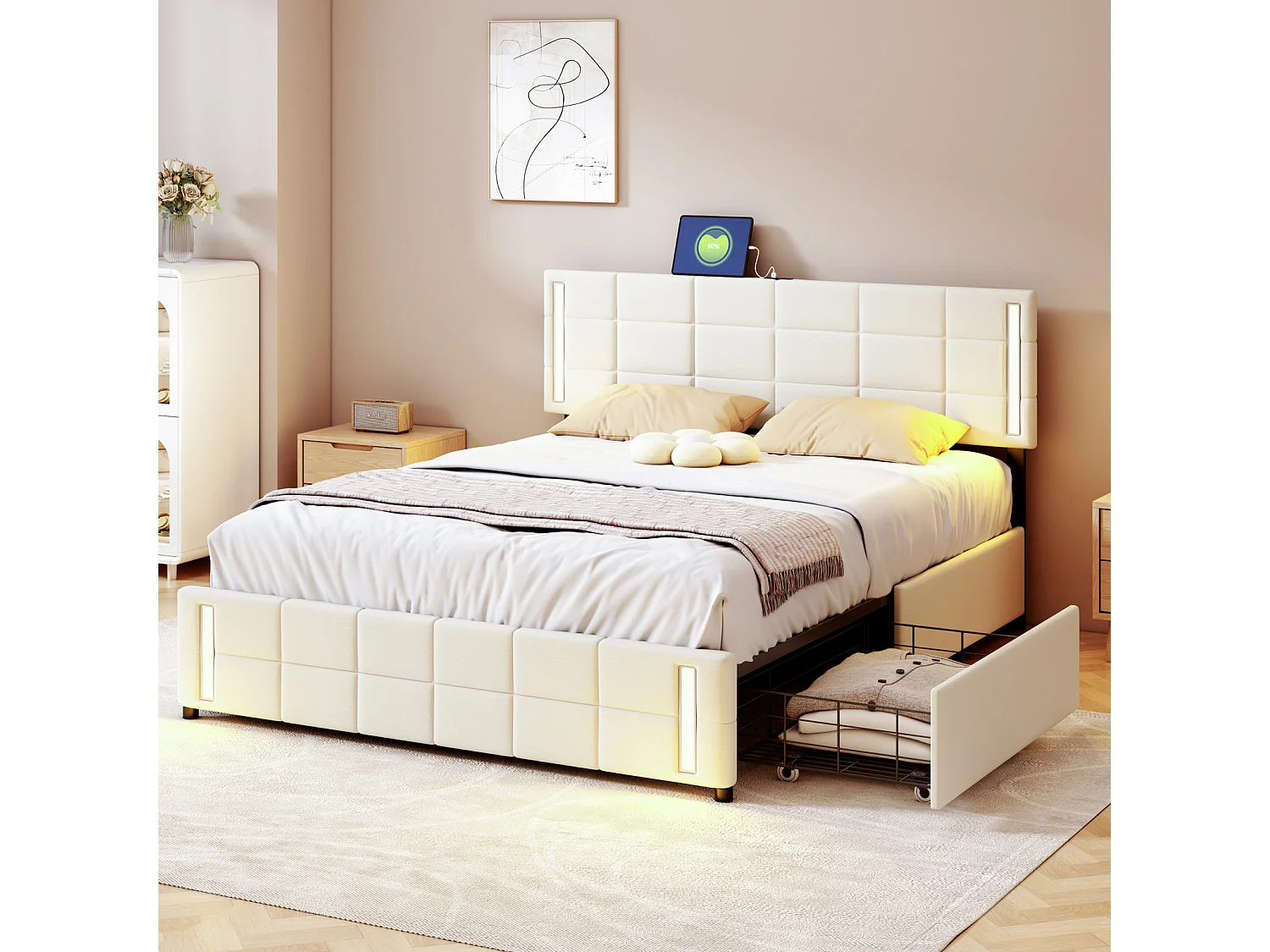 Cama de adulto 140x200cm, cama de casal com 4 gavetas, estrado de ripas, cabeceira com LED e 2 postos de carregamento USB, linho, bege