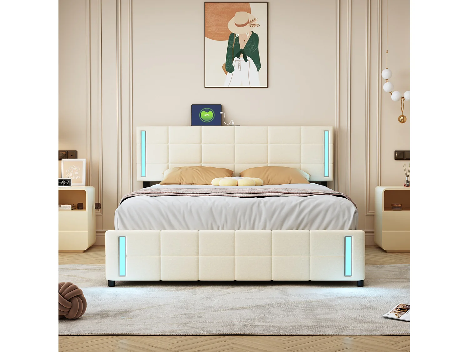 Cama de adulto 140x200cm, cama de casal com 4 gavetas, estrado de ripas, cabeceira com LED e 2 postos de carregamento USB, linho, bege