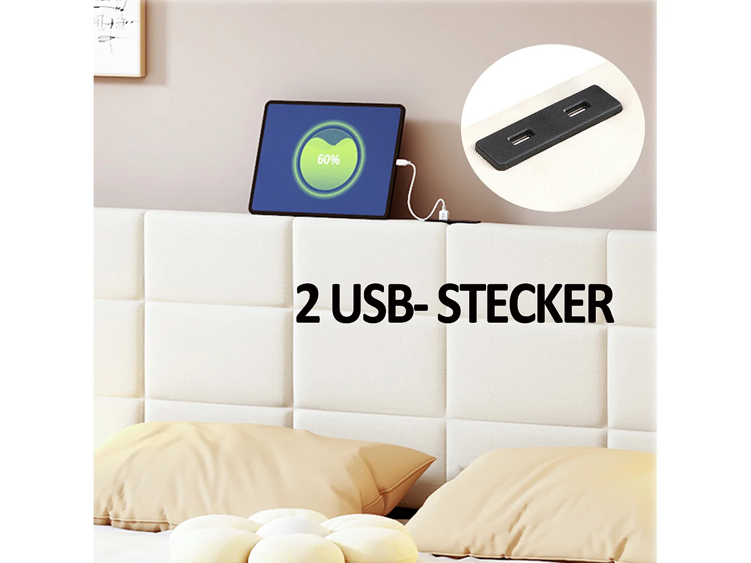 Cama de adulto 140x200cm, cama de casal com 4 gavetas, estrado de ripas, cabeceira com LED e 2 postos de carregamento USB, linho, bege