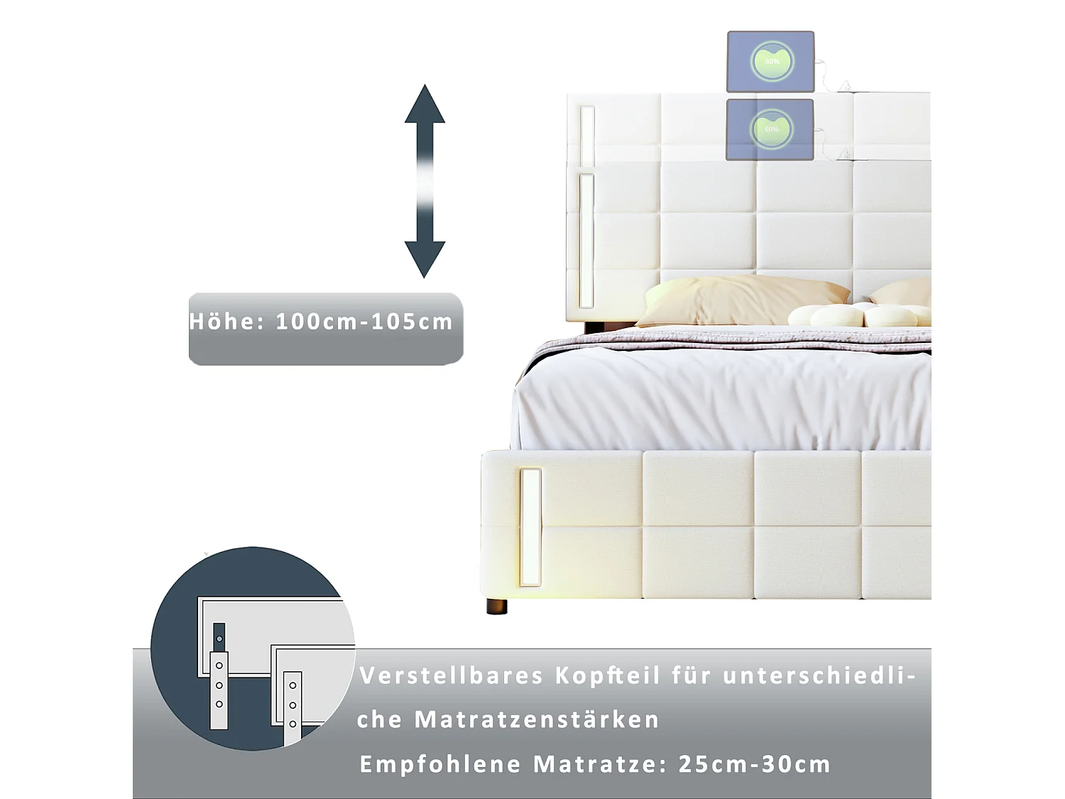 Cama de adulto 140x200cm, cama de casal com 4 gavetas, estrado de ripas, cabeceira com LED e 2 postos de carregamento USB, linho, bege