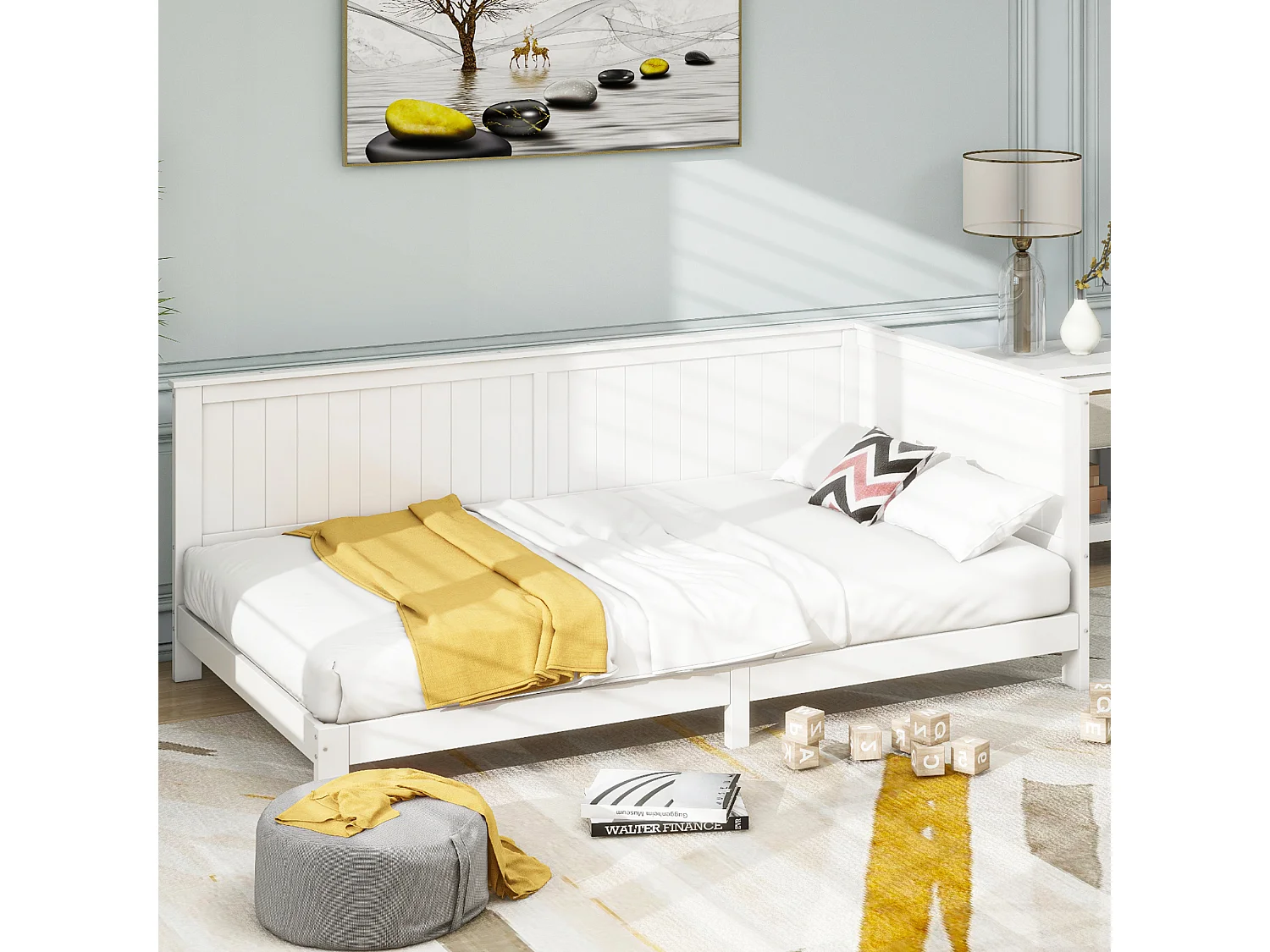 Eenpersoonsbed 90x200cm, houten kinderbedbank, slaapbank met lattenbodem, wit