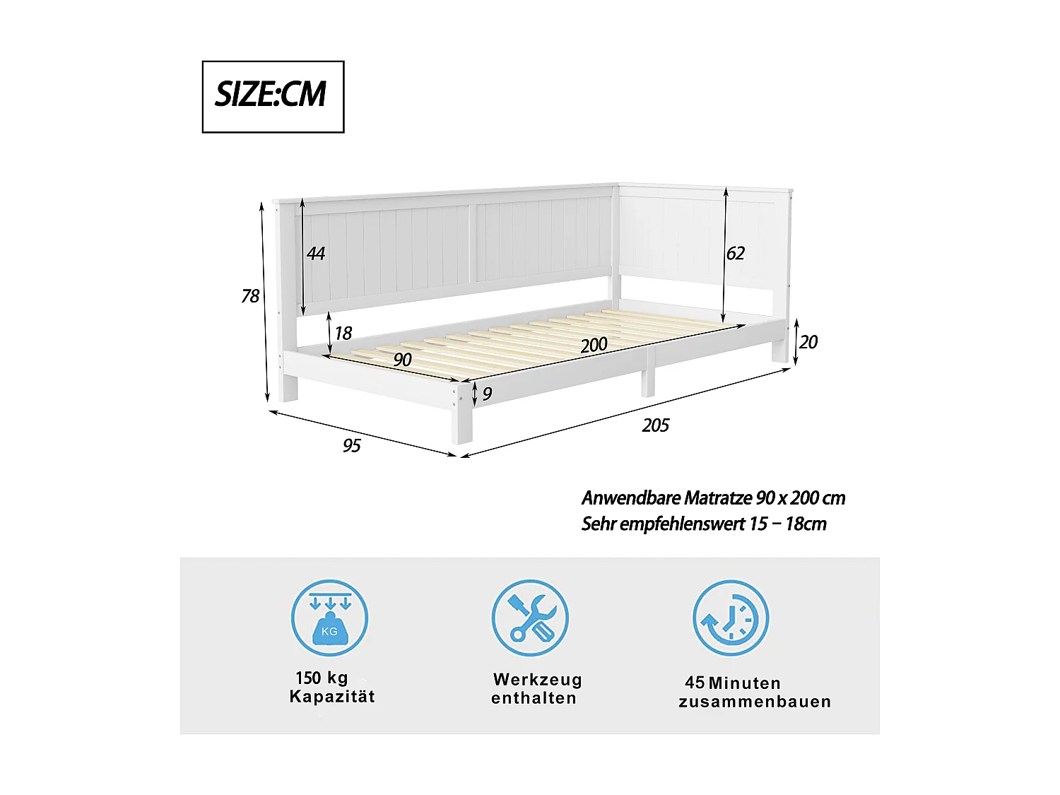Eenpersoonsbed 90x200cm, houten kinderbedbank, slaapbank met lattenbodem, wit