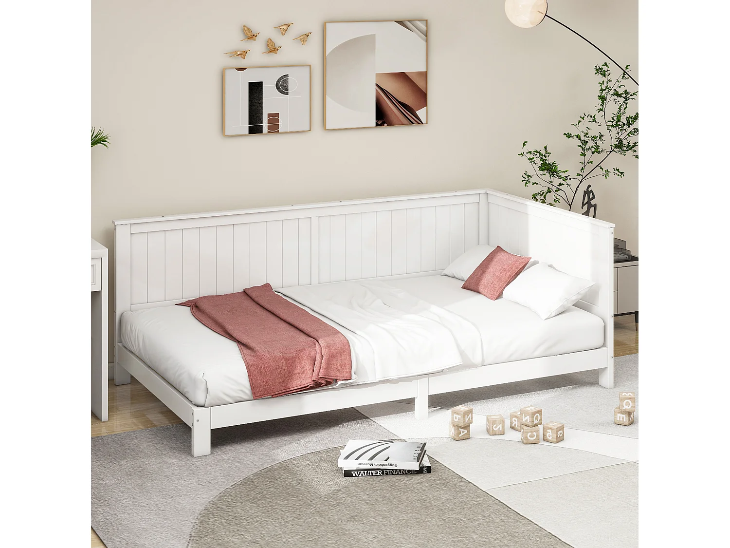 Eenpersoonsbed 90x200cm, houten kinderbedbank, slaapbank met lattenbodem, wit